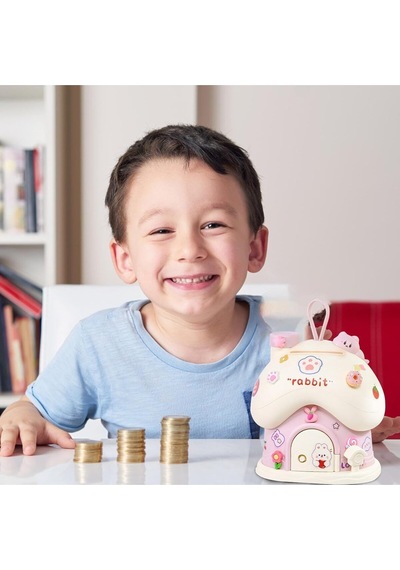 Sevimli Tavşan Figürlü Çocuk Kumbarası Kilitli Dayanıklı Eğitici Tasarım Pembe