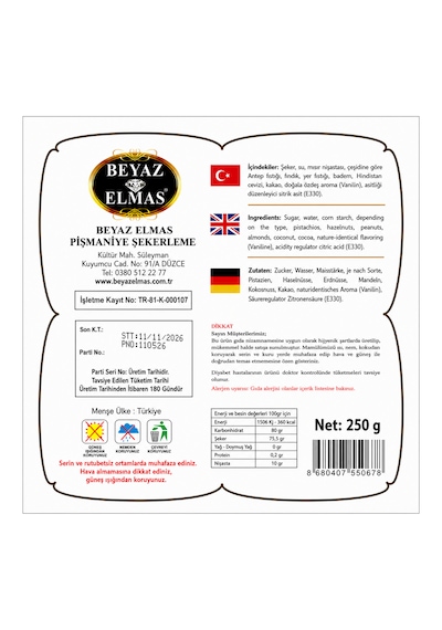 Beyaz Elmas Çifte Kavrulmuş Lokum 250 Gr - Antep Fıstıklı Geleneksel Türk Lokumu - Kuruyemişli Premium Lokum