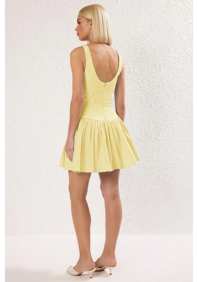 Benerly Kadın Kolsuz Kayık Yaka Skater Mini Elbise %100 Pamuk Gabardin Do Sarı