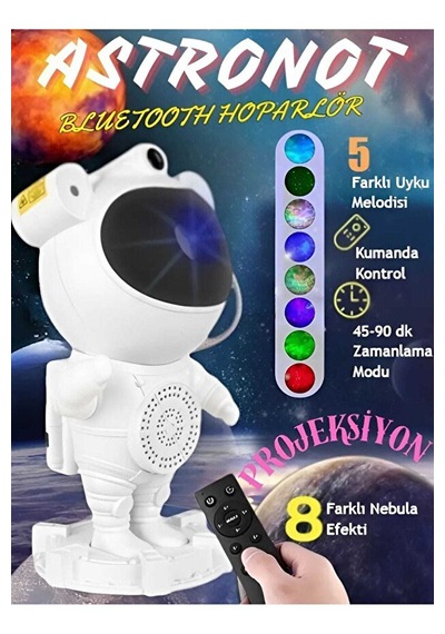 Astoronot Gece Lambası Bluetooth Hoparlör Galaxy Uyumlu Gökyüzü Yansıtma Kumandalı