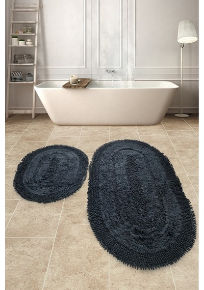 Doğal Pamuklu Spagetti Oval Siyah 2'li Banyo Paspası Seti Siyah