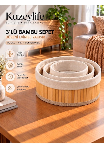 Kuzeylife Bambu Trio Yuvarlak 3lü Sepet Seti Kahverengi
