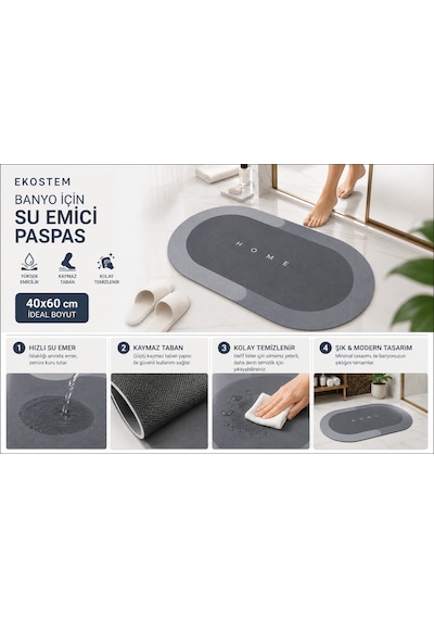 Sihirli Su Emici Banyo Paspası Kaymaz Tabanlı Paspas 40 60 Cm Gri
