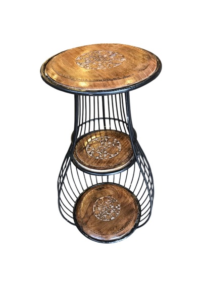 Ahşap Ferforje 3 Katlı Sehpa 41x41x81 Cm. Kna579 Eskitme Siyah