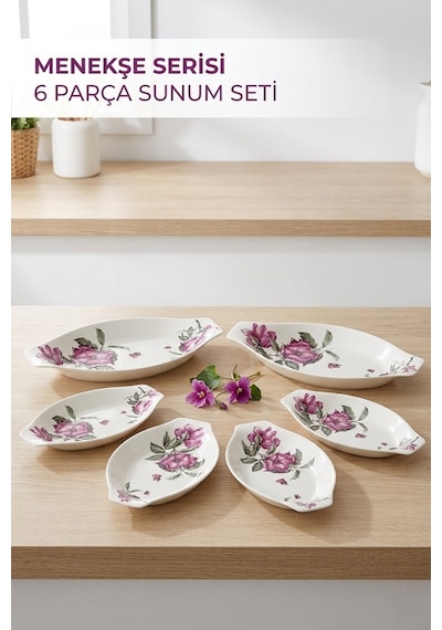 Noble Life Menekşe Desenli 6 Parça Porselen Meze, Kahvaltılık Ve Sunum Seti Beyaz - Mor