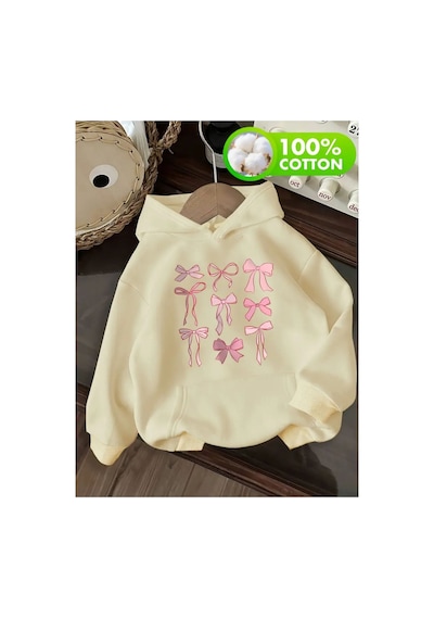 Herkesemoda Kurdeleler Baskı Detaylı İçi Polarlı Kapüşonlu Sweatshirt Bej