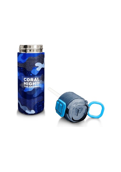 Coral High Kids Lacivert Saks Kamuflaj Desenli Pipetli Ve Direkt İçim Çelik Termos 500 Ml 31889 Saks Mavi