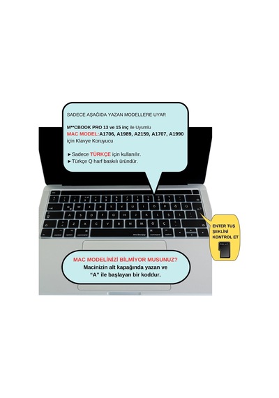Macbook Pro Touch Bar Türkçe Q Klavye Koruyucu Silikon Keyboard Cover 13-15 İnç Uyumlu A1706 A1