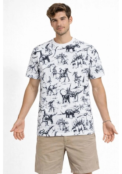 Freedom Storee Erkek Dinozor Dijıtal Ön Ve Arka Baskılı Tişört Bisiklet Yaka T-shirt - Beyaz Çok Renkli