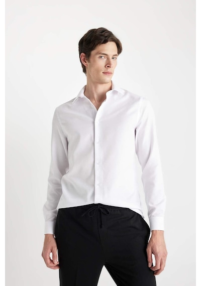 DeFacto Modern Fit Polo Yaka Poplin Uzun Kollu Beyaz Gömlek R4340AZNSWT60