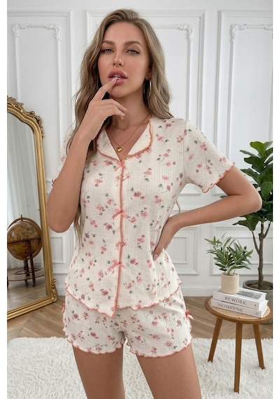 Bella Notte Ekru Vintage Çiçek Desenli Fiyonk Detaylı Şortlu Pijama Takımı
