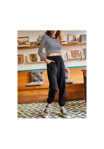Tarzsokak Unisex Siyah Cepli Beli Bağcıklı Basic Eşofman Altı Jogger