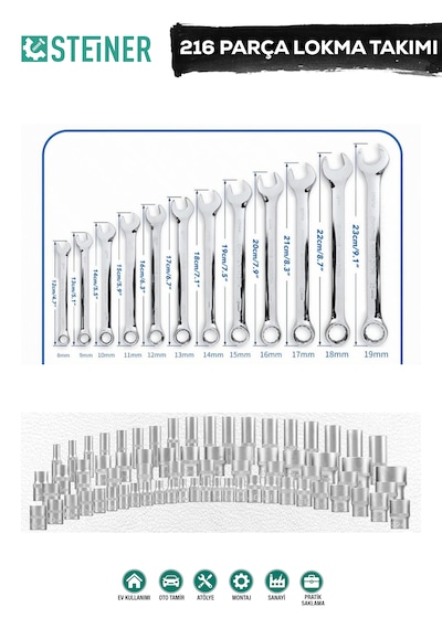 Steiner Ultra Güçlü 1/4 Cırcırlı 216 Parça Lokma Anahtar Takımı Oto Tamirci Full Tam Set 72 Diş