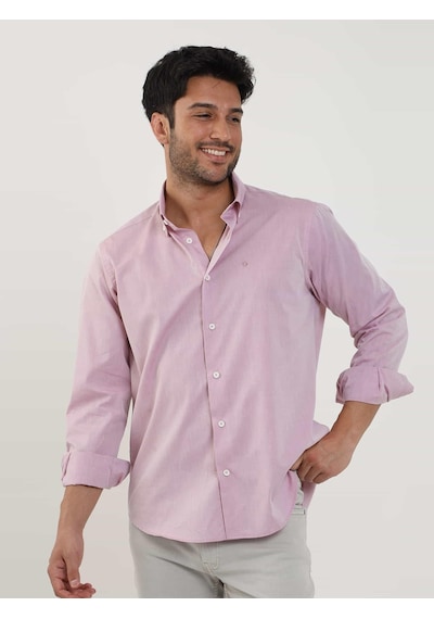 Dufy Bordo Erkek Regular Fit Düz Brent Düğmeli Yaka Uzun Kol Gömlek - 102224-bordo Bordo