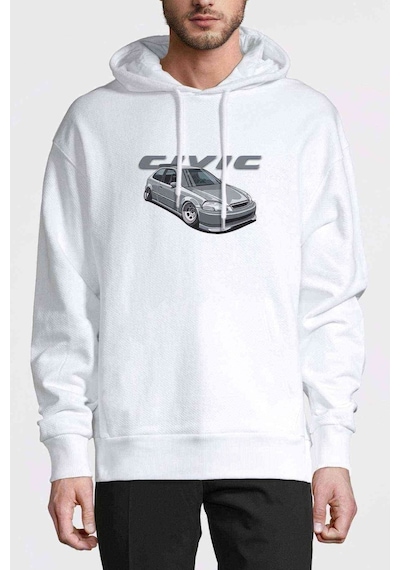 Araba Civic Baskılı Beyaz Erkek Örme Kapşonlu Sweatshirt (531044406)
