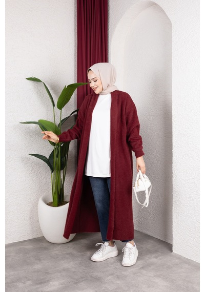 Hira Life Fashion Kadın Şal Yaka Uzun Triko Ve Sakallı Tüylü Hırka Bordo Bordo