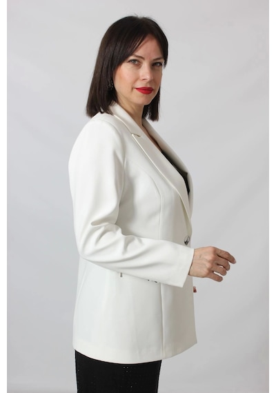 Moda Berray 1904 Beyaz Fermuarlı Cep Aksesuarlı Kadın Büyük Beden Blazer Ceket Beyaz