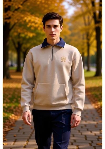 Benerly Erkek Fermuarlı Dik Yaka Düşük Kol Nakışlı Sweatshirt Fonksiyonel Gri
