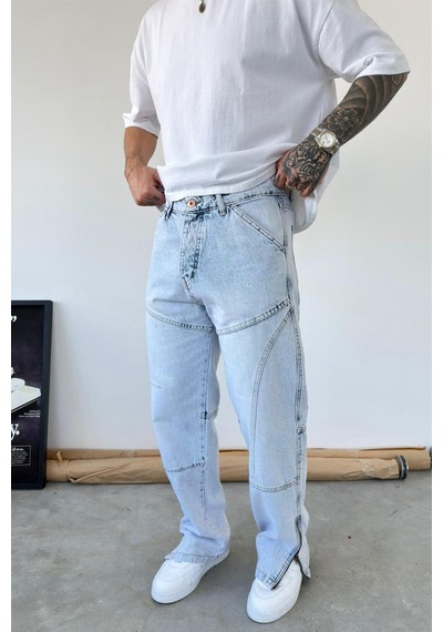 Buz Mavi Tasarım Paça Fermuar Detay Baggy Pantolon Buz Mavi Tasarım Paça Fermuar Detay Baggy Pantolon