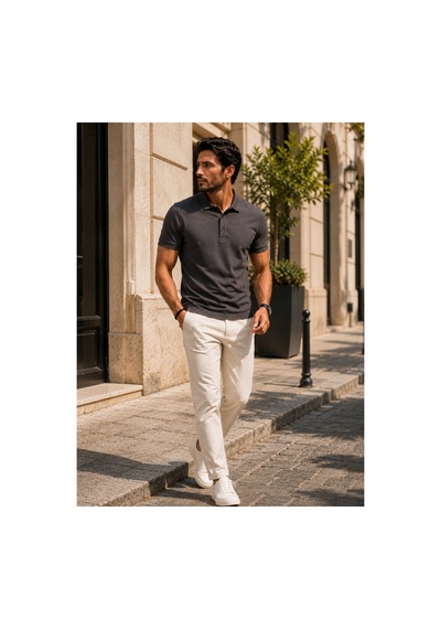 Luxic Core Erkek Polo Yaka Füme Tişört Likralı Pike Kumaş Terletmez Slim Fit Günlük Şık Tasarım