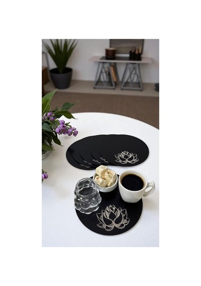 Tr Asude Hediyelik -6 Adet Ahşap Yuvarlak Çay,kahve, Servis Tepsisi Sunum Tepsisi 15 Cm Yaşam Çiçeği-siyah Diğer