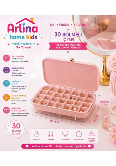 30 Bölmeli Pembe Takı Kutusu Düzenleyici Seyahat Çantası Kolye Yüzük Küpe Organizer 18cmx12,5cm