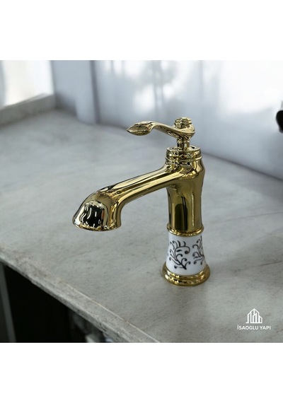 İsaoğlu Yapı Gold Vintage Lavabo Bataryası Porsalen Tasarım Pirinç Armatür Gold