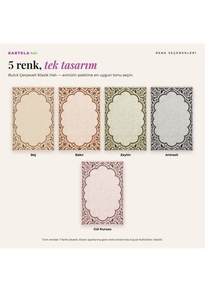 Kartela Halı Bulut Çerçeveli Klasik Halı Gül Kurusu Kaymaz Taban Makinede Yıkanabilir 120x180 Cm