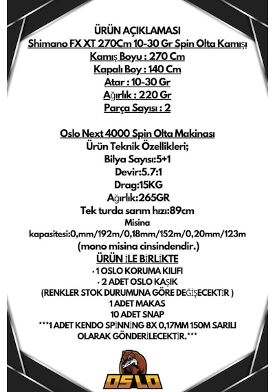 Oslo Next 4000 Shimano Fx Xt 270cm 10-30gr 8x Spin Olta Seti Standart