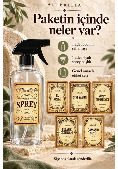 Alubrella 500 Ml Şeffaf Boş Sprey Şişe Ve 6 Lı Genel Amaçlı Etiket Seti Amber