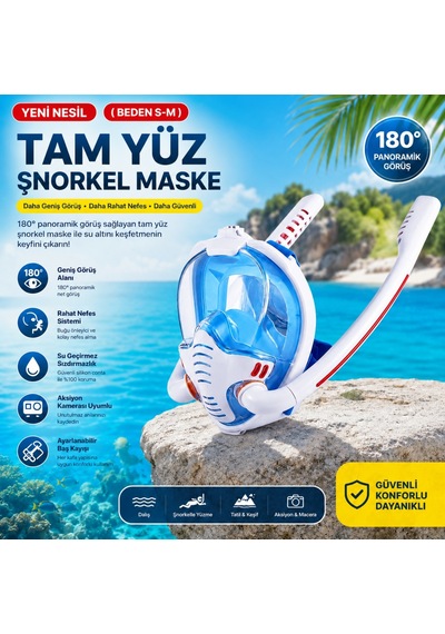 Hymark Çift Tüplü Şnorkel Maskesi S-m Beden Tam Kuru Dalış Yüzme Maskesi Full Face Dalış Gözlüğü Beyaz - Mavi