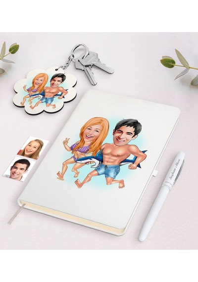 Kişiye Özel Sevgili Karikatürlü Beyaz Defter Kalem Ve Anahtarlık N11.15014