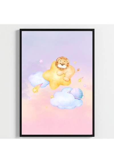 Besay Küçük Kralın Rüyası Yavru Aslanlı Suluboya Gezegen Ve Bulut Temalı Bebek Odası Posteri 3'lü Çocuk Odası Poster Seti A