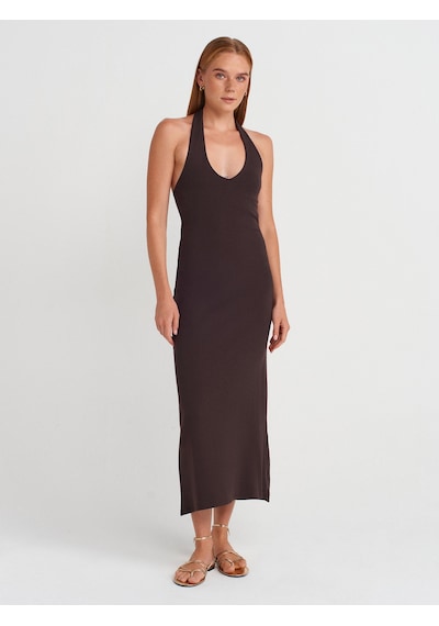 Dilvin 91476 Halter Yaka Midi Elbise-koyu Kahve Koyu Kahve
