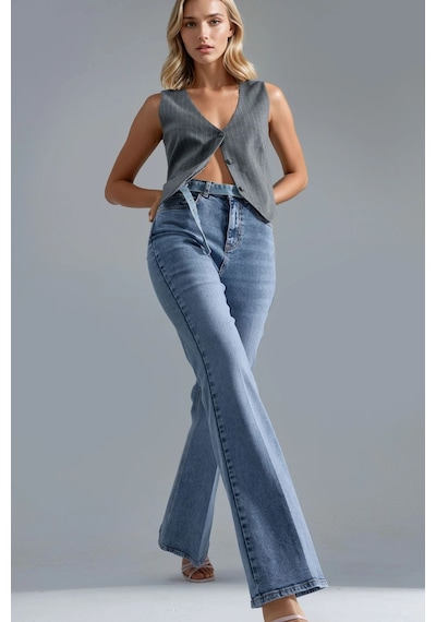 Hiccup Squalo Yüksek Bel Paça Genişleyen Kot Pantolon Orta Mavi Denim