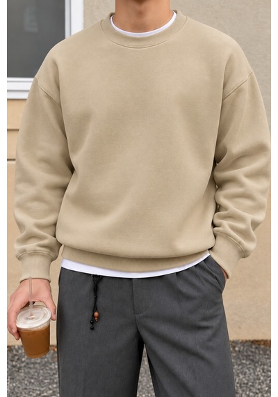 Cool Tarz Erkek 3 İplik Şardonlu Regular Fit Bisiklet Yaka Basic Sweatshirt Bej Bej