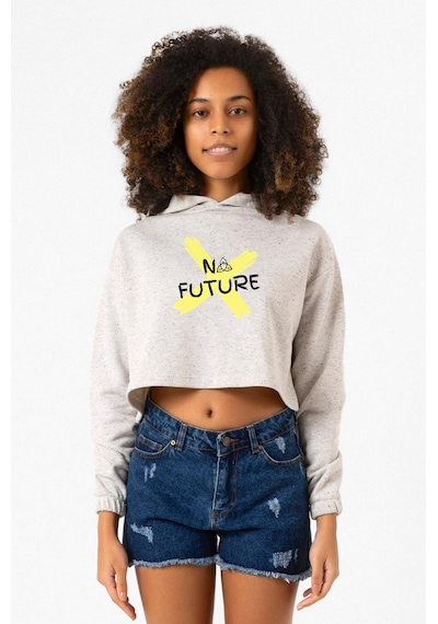 Dark No Future Beyaz Kırçıllı Kadın Crop Kapşonlu 001