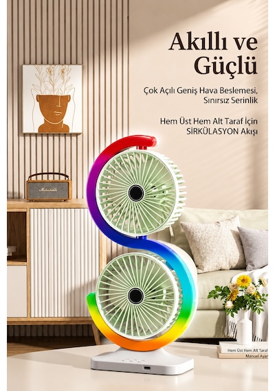 Exenar - Beyaz - Şarjlı Vantilatör Masaüstü Fırçasız Motor Çift Başlıklı Fan 5 Kademe Rgb Led Işıklı Vantilatör 1800 Mah Şarjlı