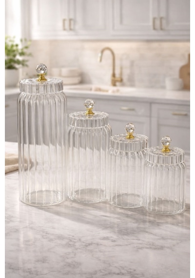 Qerhome 3'lü Borosilikat Cam Optik Çizgili Kristal Gold Kapaklı Kavanoz Seti 630 Ml Şeffaf