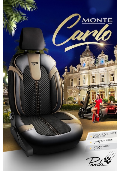 Siyah - Bej Garni Panda Monte Carlo Serisi Velor Kadife Kumaş Oto Koltuk Kılıfı - Tam Set