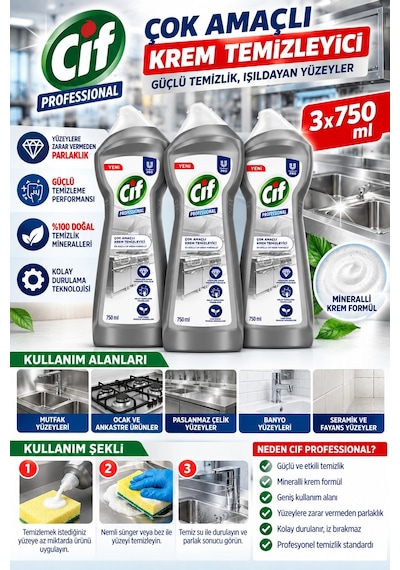 Cif Pro Çok Amaçlı Mineralli Krem Temizleyici 750 Ml 3 Adet Diğer