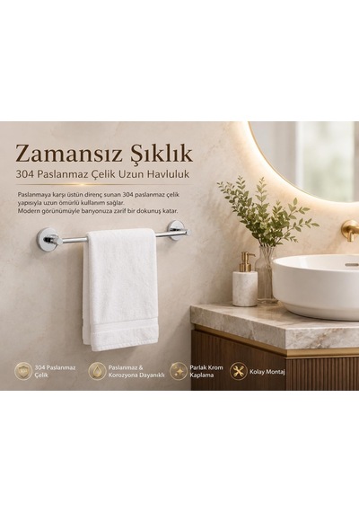 Alper Banyo 304 Paslanmaz Çelik Havlu Askısı 40 Cm, Parlak Krom Kaplama, Yapışkanlı Ve Vidalı Montaj, Banyo Akses Diğer
