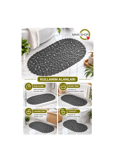 Vantuzlu Banyo Ve Duşakabin Kaydırmaz Paspas, Küvet İçi Mat 34x68 Cm M-130 Gri