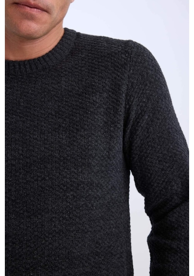 Defacto Standart Fit Normal Kesim Bisiklet Yaka Dokulu Basic Düz Triko Kazak R1175AZ24WNAR4 Antrasit