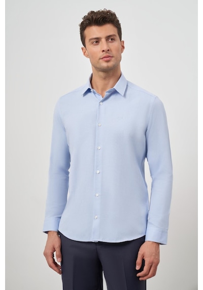 İmza Mavi Uzun Kol Kendinden Desenli Armürlü 032 Sert Yaka Classic Slim Fit Gömlek 1004245151 Mavi