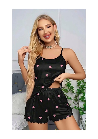 Ruselin Kadın Kalp Desenli Askılı Şortlu Gecelik Takım-siyah-l/xl - 9071297248773