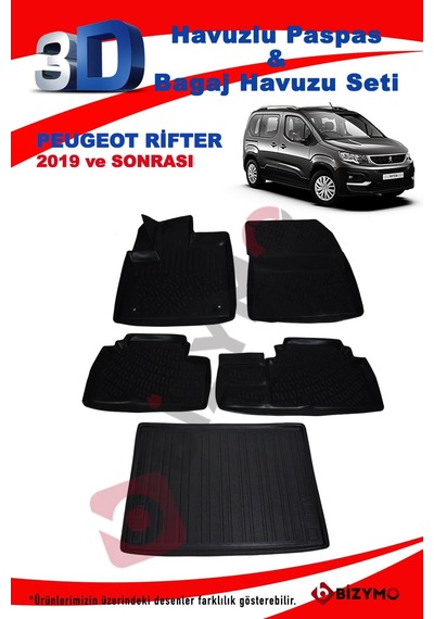 Peugeot Rifter 2019 ve Sonrası Paspas ve Bagaj Havuzu Seti Siyah