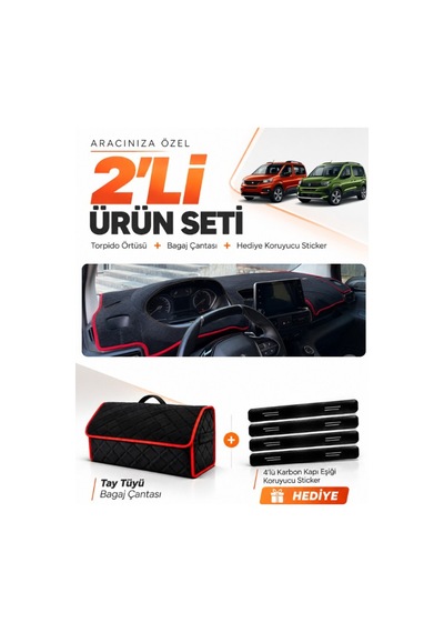 Peugeot Rifter 2018-2026 Uyumlu Torpido Örtüsü + Tay Tüyü Bagaj Çantası + Sticker - Siyah Kırmızı
