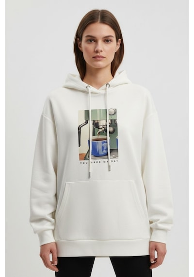 Mizalle Yumuşak Dokulu Kapüşonlu Grafik Baskılı Ekru Sweatshirt Ekru