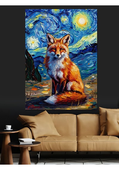 Ahşap Tablo Van Gogh Tarzında Tilki Portresi